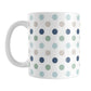 Coastal Polka Dots Mug (11oz) at Amy's Coffee Mugs. A ceramic coffee mug designed with a pattern of polka dots in a coastal color scheme that wraps around the mug to the handle.