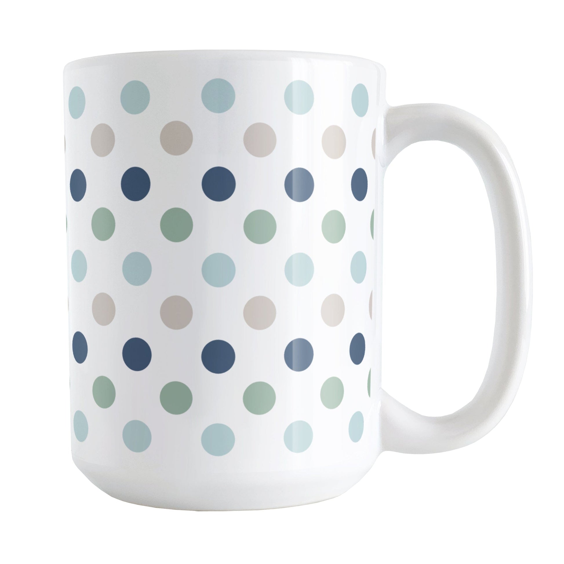 Coastal Polka Dots Mug (15oz) at Amy's Coffee Mugs. A ceramic coffee mug designed with a pattern of polka dots in a coastal color scheme that wraps around the mug to the handle.