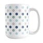 Coastal Polka Dots Mug (15oz) at Amy's Coffee Mugs. A ceramic coffee mug designed with a pattern of polka dots in a coastal color scheme that wraps around the mug to the handle.