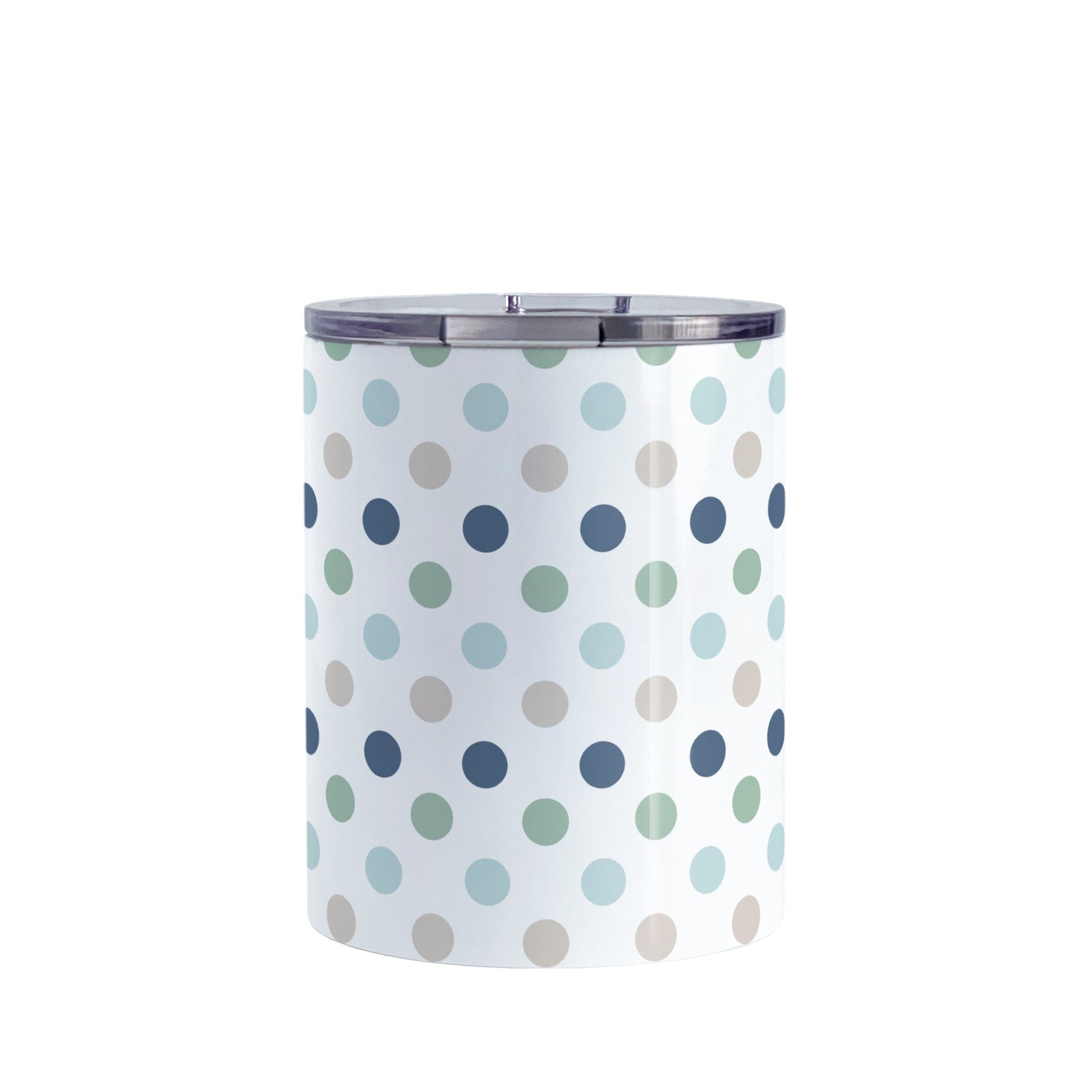 Coastal Polka Dots Tumbler Cup (10oz) at Amy's Coffee Mugs. A stainless steel tumbler cup designed with a pattern of polka dots in a coastal color scheme that wraps around the cup. 