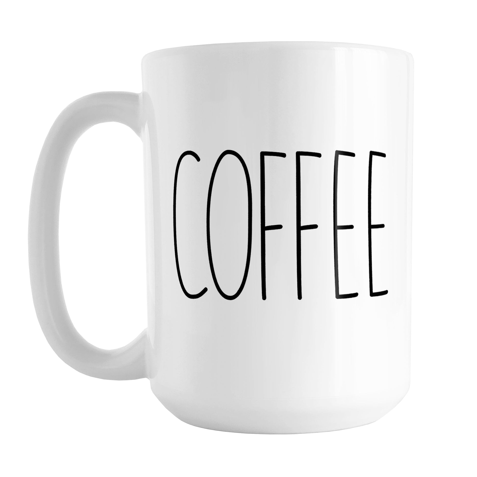 Coffee Coffee Mug (15oz) at Amy's Coffee Mugs. A ceramic coffee mug with a minimalist word design, featuring the word "COFFEE" in black, utilizing a tall, thin-line font on both sides of the mug.