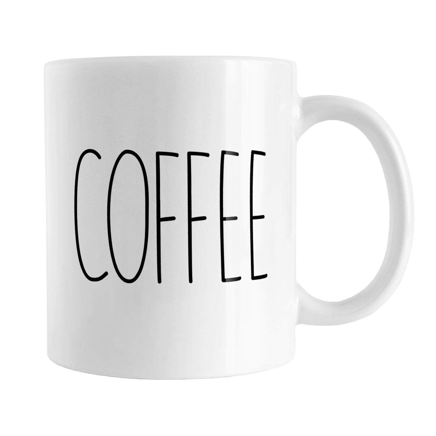 Coffee Coffee Mug (11oz) at Amy's Coffee Mugs. A ceramic coffee mug with a minimalist word design, featuring the word "COFFEE" in black, utilizing a tall, thin-line font on both sides of the mug.