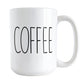 Coffee Coffee Mug (15oz) at Amy's Coffee Mugs. A ceramic coffee mug with a minimalist word design, featuring the word "COFFEE" in black, utilizing a tall, thin-line font on both sides of the mug.