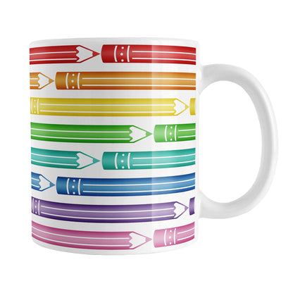 Colored Pencils Pattern Mug (11oz) at Amy's Coffee Mugs. A ceramic coffee mug designed with a pattern of colored pencils in stacked rows, in a rainbow progression, that wraps around the mug to the handle.