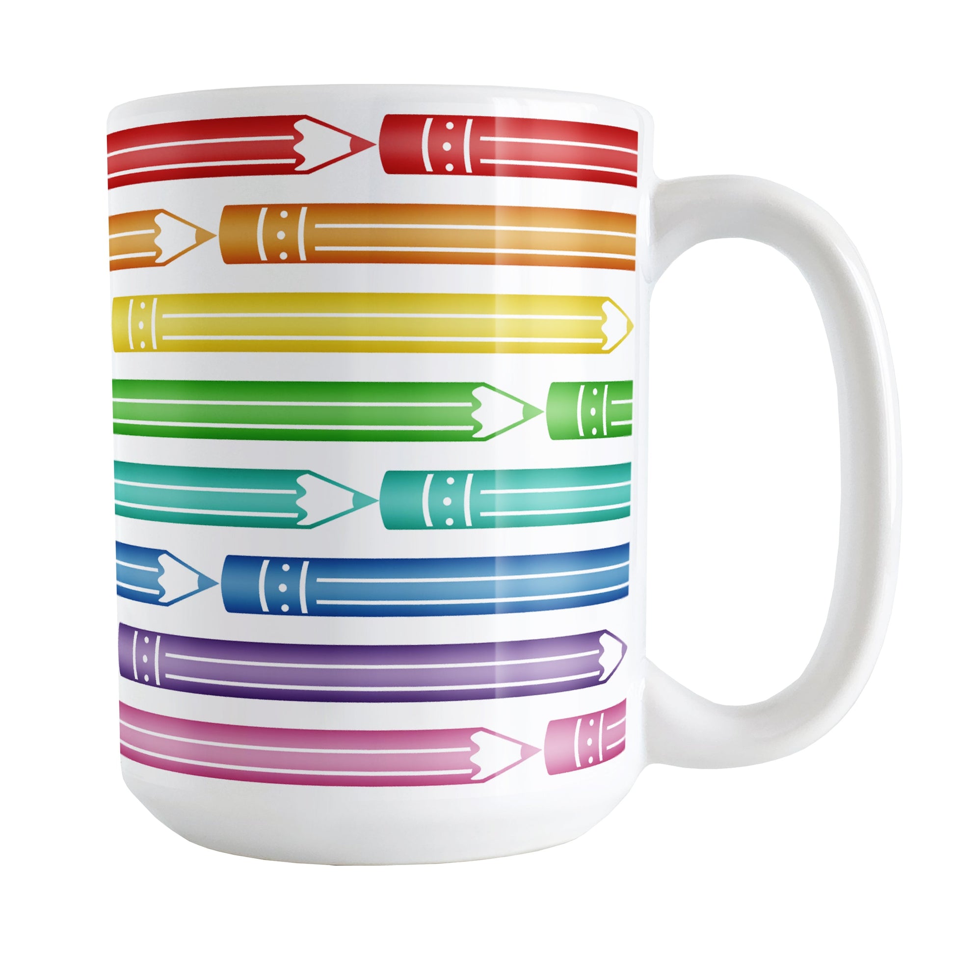 Colored Pencils Pattern Mug (15oz) at Amy's Coffee Mugs. A ceramic coffee mug designed with a pattern of colored pencils in stacked rows, in a rainbow progression, that wraps around the mug to the handle.