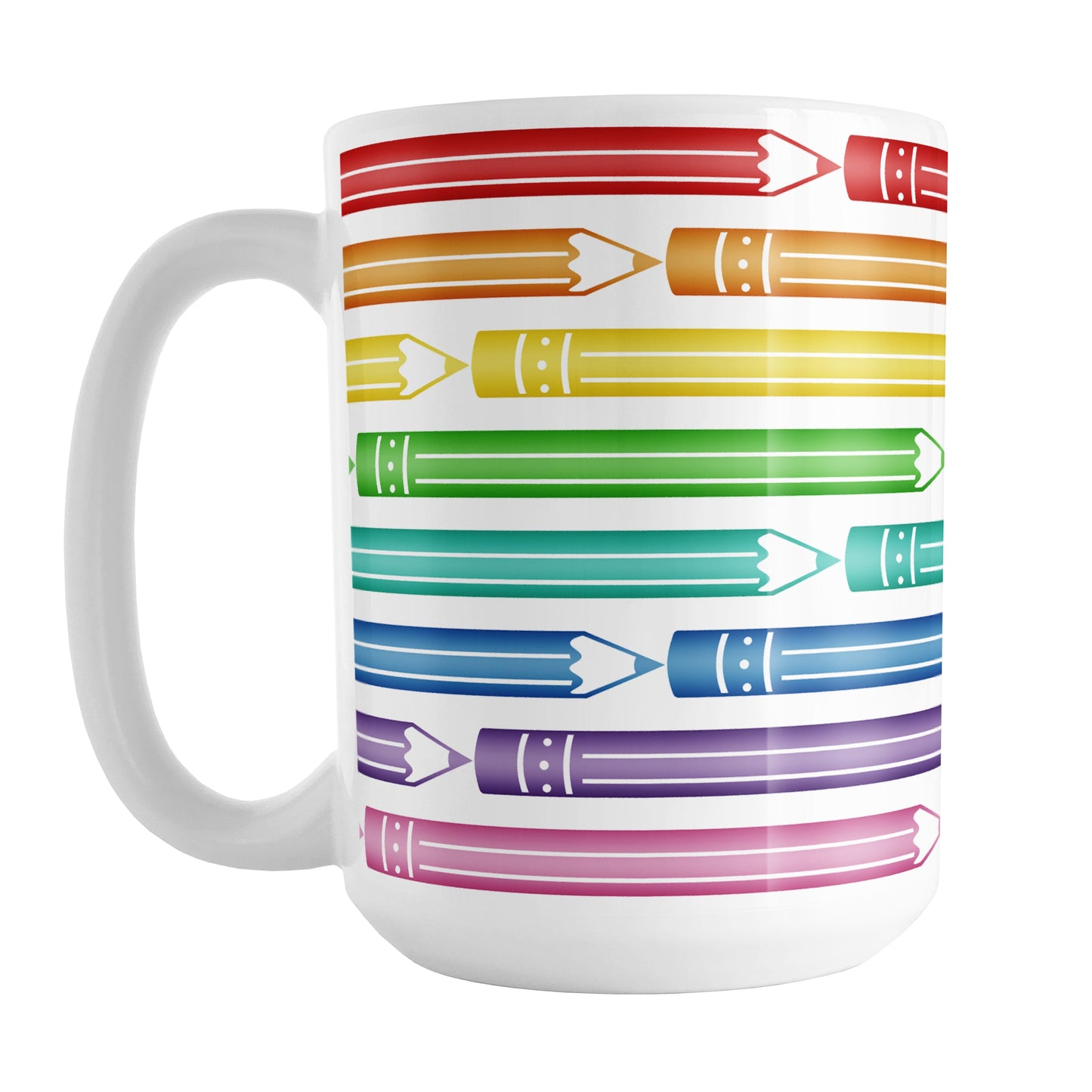Colored Pencils Pattern Mug (15oz) at Amy's Coffee Mugs. A ceramic coffee mug designed with a pattern of colored pencils in stacked rows, in a rainbow progression, that wraps around the mug to the handle.