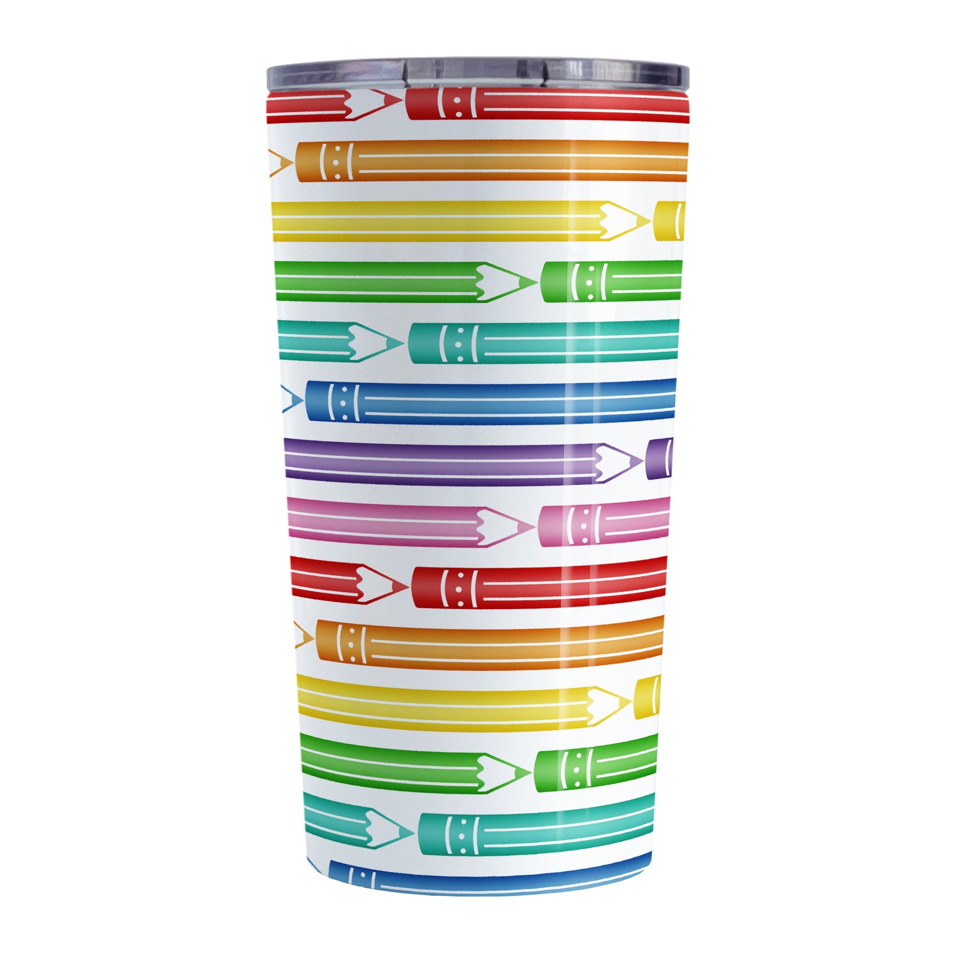 Colored Pencils Pattern Tumbler Cup (20oz) at Amy's Coffee Mugs. A stainless steel insulated tumbler cup designed with a pattern of colored pencils in stacked rows, in a rainbow progression, that wraps around the cup.