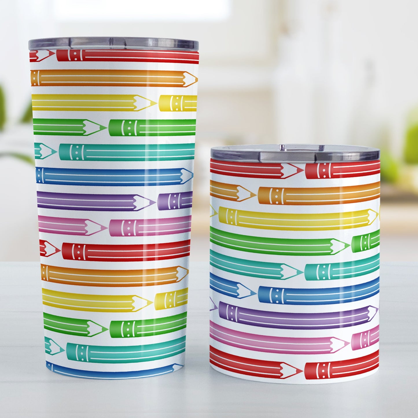 Colored Pencils Pattern Tumbler Cup (20oz and 10oz) at Amy's Coffee Mugs. Stainless steel insulated tumbler cups designed with a pattern of colored pencils in stacked rows, in a rainbow progression, that wraps around the cups.