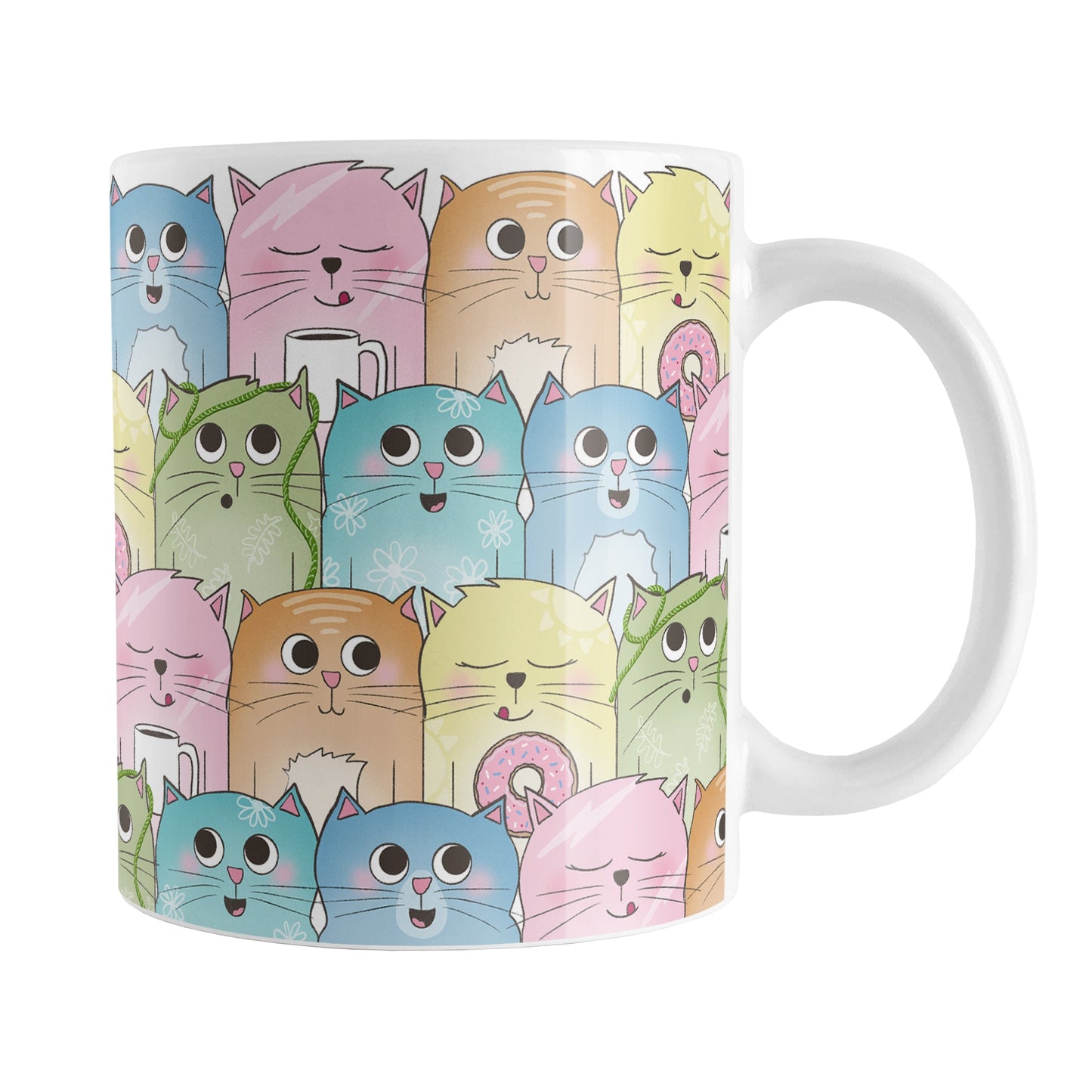 Colorful Cat Stack Pattern Mug (11oz) at Amy's Coffee Mugs. Cute cats mug with an illustrated pattern of different colorful cats (in pink, orange, yellow, green, turquoise, and blue) with different fun expressions, with yarn, coffee, and donuts. This stacked pattern of cats wraps around the ceramic mug to the handle.