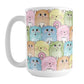 Colorful Cat Stack Pattern Mug (15oz) at Amy's Coffee Mugs. Cute cats mug with an illustrated pattern of different colorful cats (in pink, orange, yellow, green, turquoise, and blue) with different fun expressions, with yarn, coffee, and donuts. This stacked pattern of cats wraps around the ceramic mug to the handle.