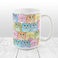 Colorful Cat Stack Pattern Mug (15oz) at Amy's Coffee Mugs. Cute cats mug with an illustrated pattern of different colorful cats (in pink, orange, yellow, green, turquoise, and blue) with different fun expressions, with yarn, coffee, and donuts. This stacked pattern of cats wraps around the ceramic mug to the handle.