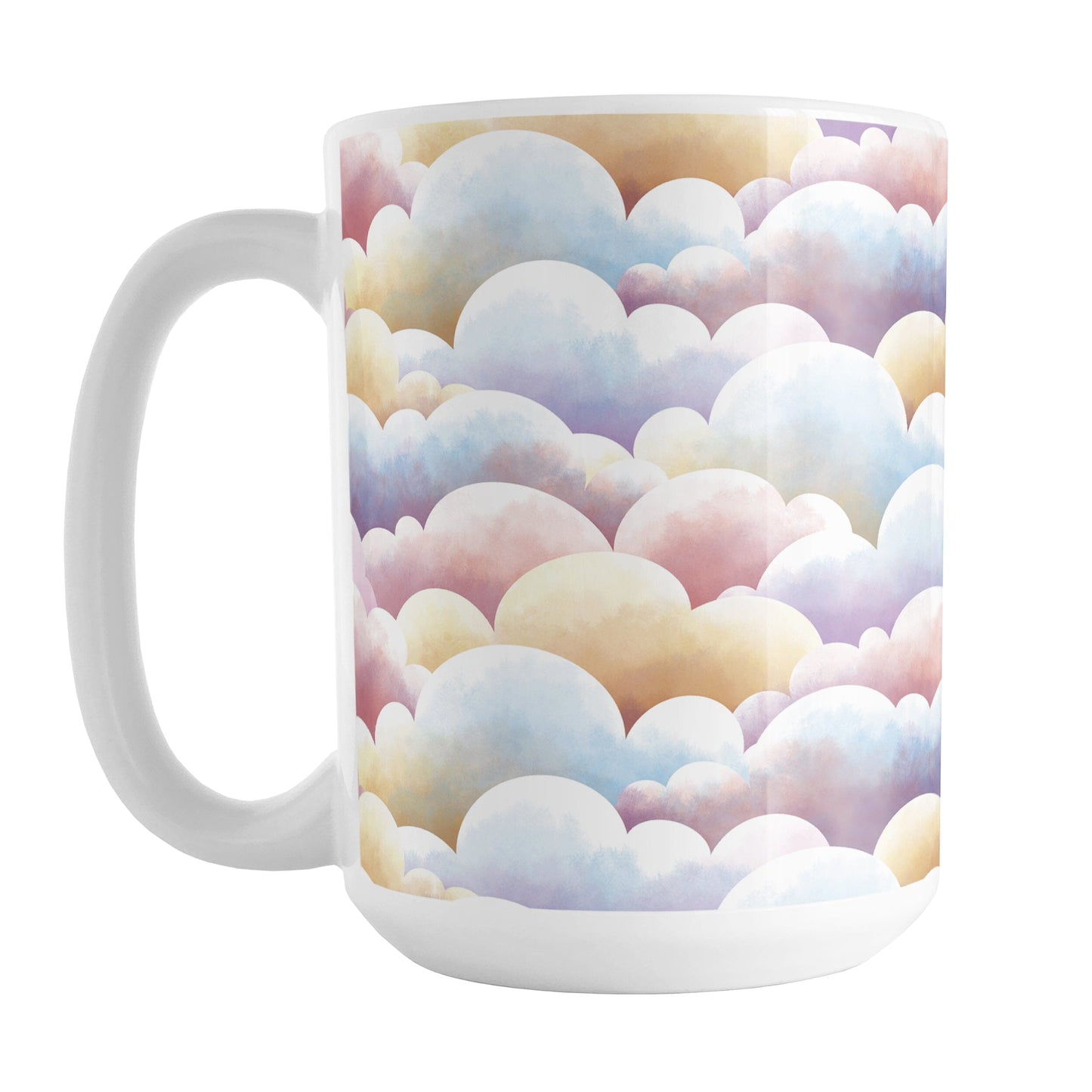 Colorful Clouds Mug (15oz) at Amy's Coffee Mugs. A ceramic coffee mug designed with whimsical and colorful clouds in a pattern that wraps around the mug to the handle.
