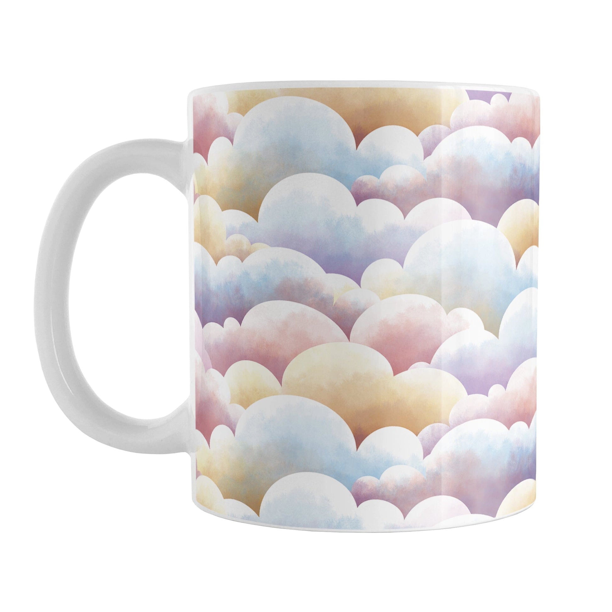 Colorful Clouds Mug (11oz) at Amy's Coffee Mugs. A ceramic coffee mug designed with whimsical and colorful clouds in a pattern that wraps around the mug to the handle.