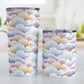 Colorful Clouds Tumbler Cups (20oz or 10oz) at Amy's Coffee Mugs. Stainless steel tumbler cups designed with a blanket of whimsical and colorful clouds in a pattern that wraps around the cups. Image shows both sized cups on a table next to each other.