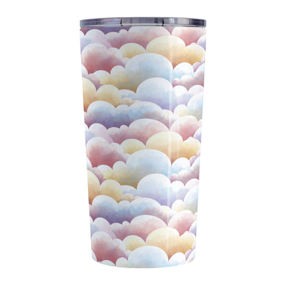 Colorful Clouds Tumbler Cup (20oz) at Amy's Coffee Mugs. A stainless steel tumbler cup designed with a blanket of whimsical and colorful clouds in a pattern that wraps around the cup.