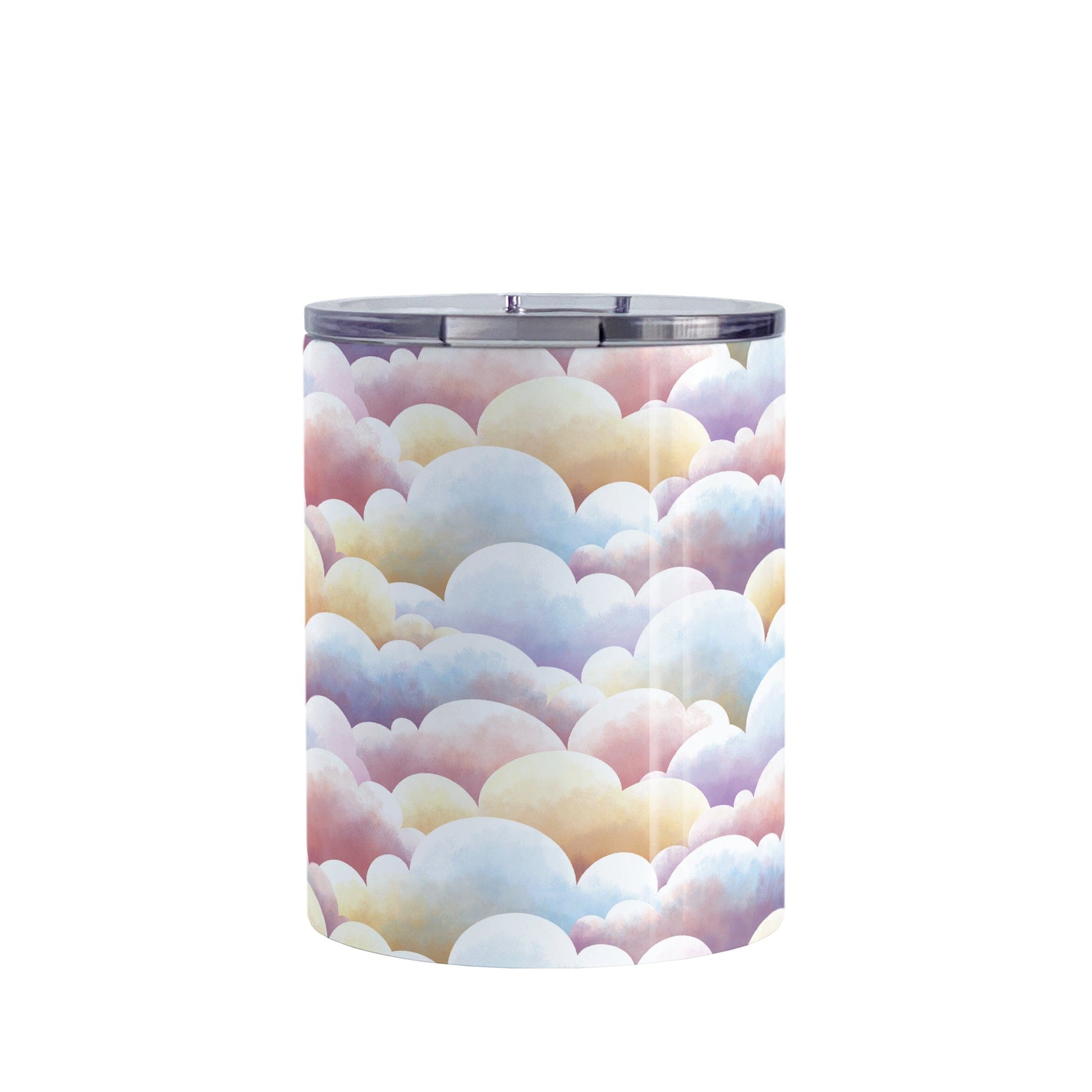 Colorful Clouds Tumbler Cup (10oz) at Amy's Coffee Mugs. A stainless steel tumbler cup designed with a blanket of whimsical and colorful clouds in a pattern that wraps around the cup.