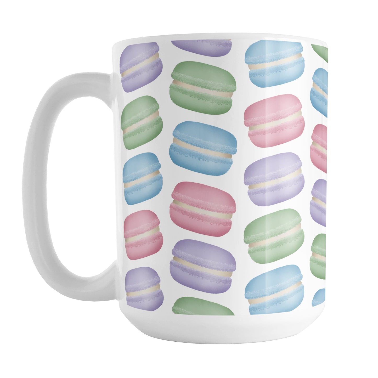 Colorful Pastel Macarons Mug (15oz) at Amy's Coffee Mugs. A ceramic coffee mug designed with colorful pastel macarons colored in pink, purple, green, and blue in a pattern that wraps around the mug to the handle.