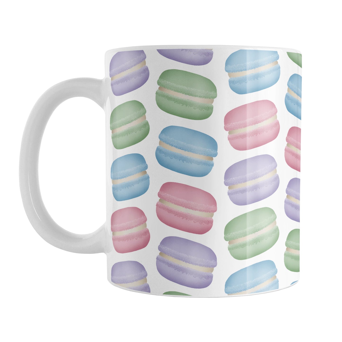 Colorful Pastel Macarons Mug (11oz) at Amy's Coffee Mugs. A ceramic coffee mug designed with colorful pastel macarons colored in pink, purple, green, and blue in a pattern that wraps around the mug to the handle.