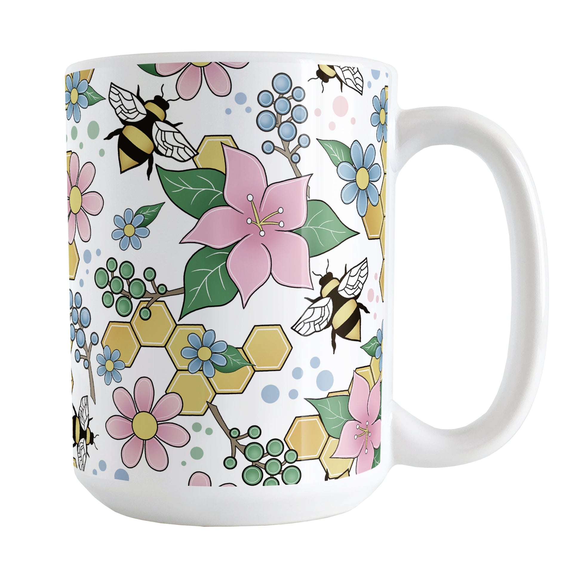 Colorful Pink Floral Bee Pattern Mug (15oz) at Amy's Coffee Mugs