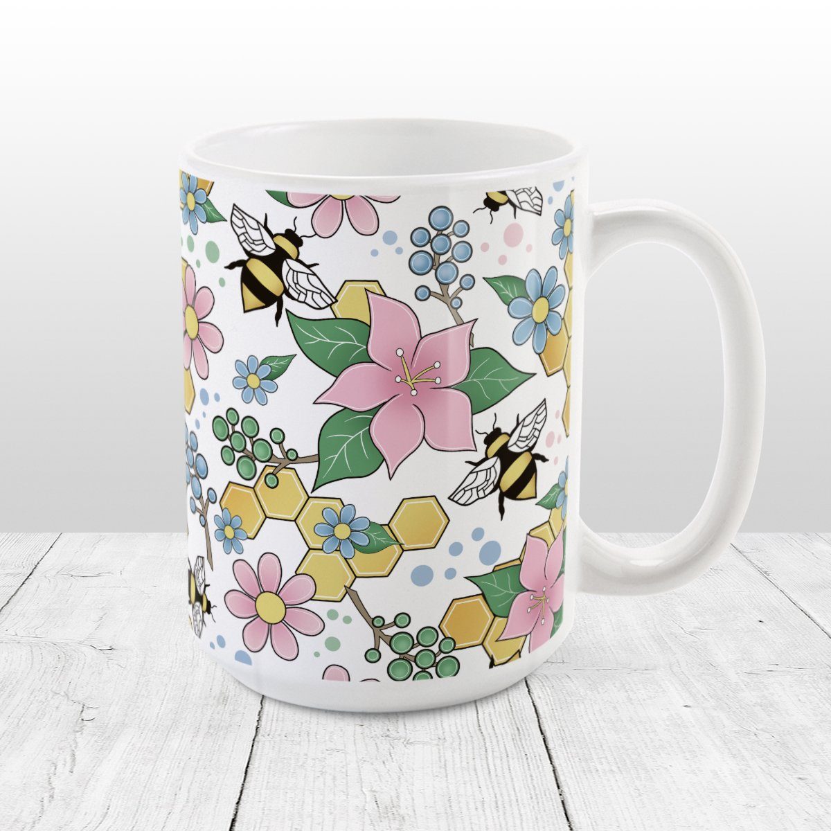 Colorful Pink Floral Bee Pattern Mug (15oz) at Amy's Coffee Mugs