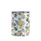 Colorful Pink Floral Bee Pattern Tumbler Cup (10oz, stainless steel insulated) at Amy's Coffee Mugs. A tumbler cup designed with pink, blue, and green flowers and leaves with bees and golden yellow honeycomb pieces in a pattern that wraps around the cup.
