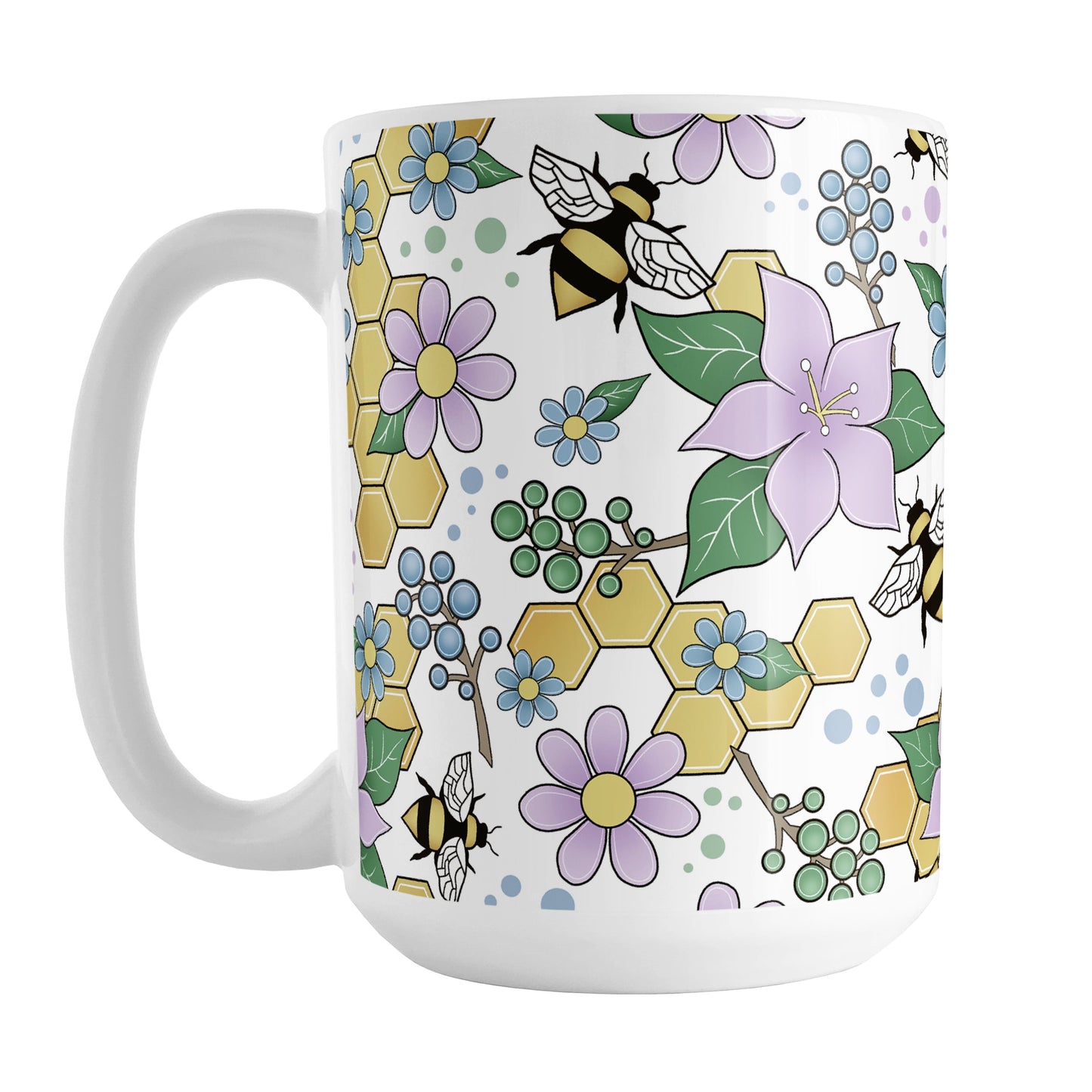 Colorful Purple Floral Bee Pattern Mug (15oz) at Amy's Coffee Mugs