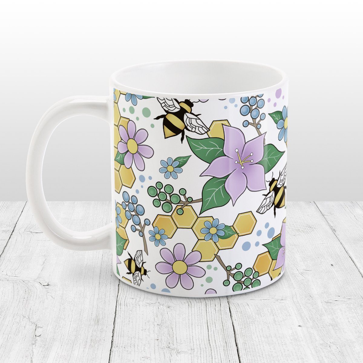 Colorful Purple Floral Bee Pattern Mug (11oz) at Amy's Coffee Mugs