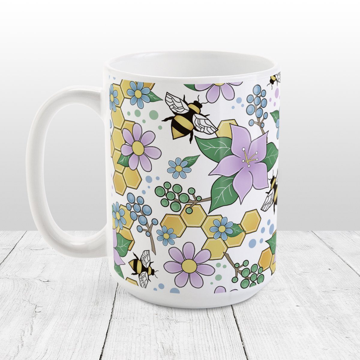 Colorful Purple Floral Bee Pattern Mug (15oz) at Amy's Coffee Mugs