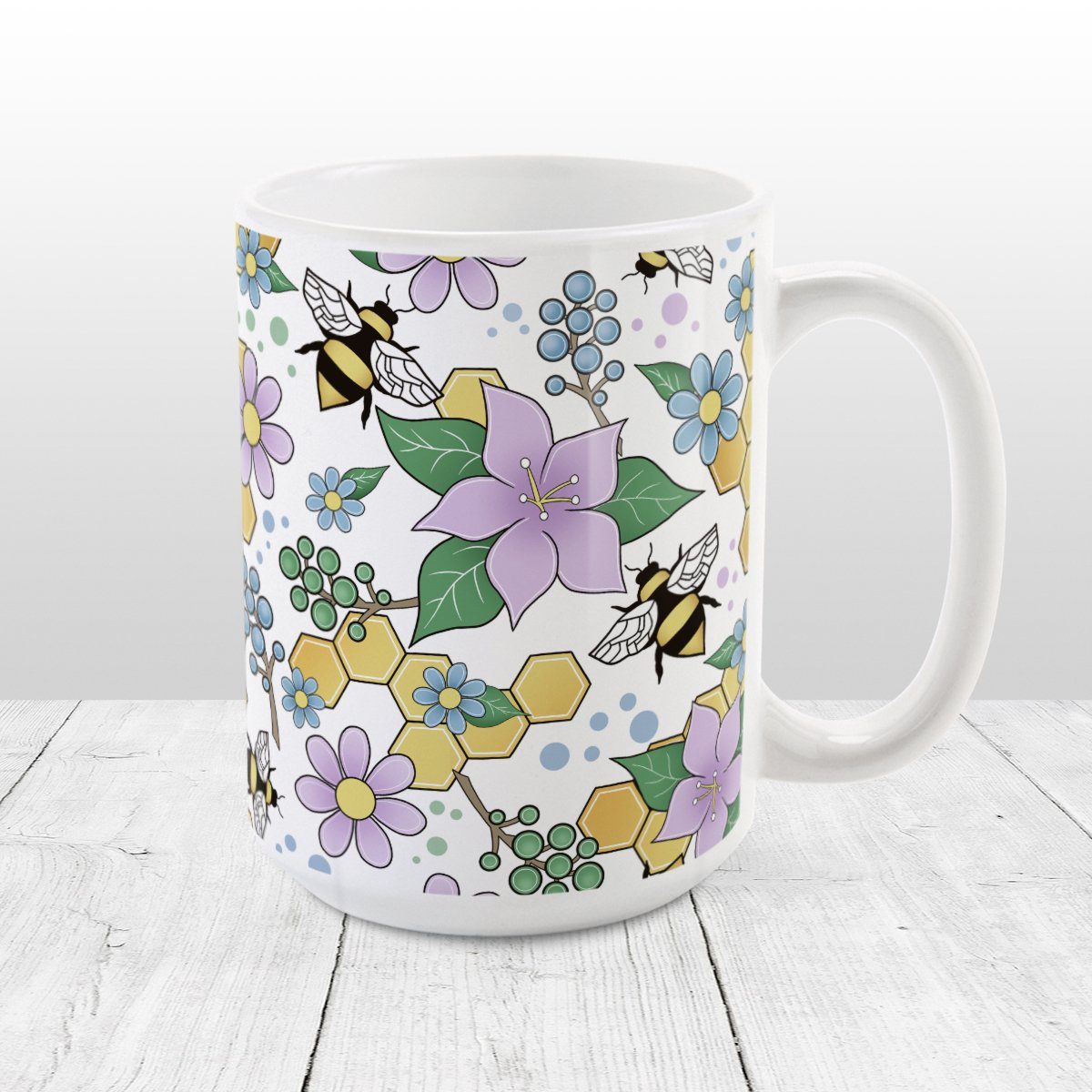 Colorful Purple Floral Bee Pattern Mug (15oz) at Amy's Coffee Mugs