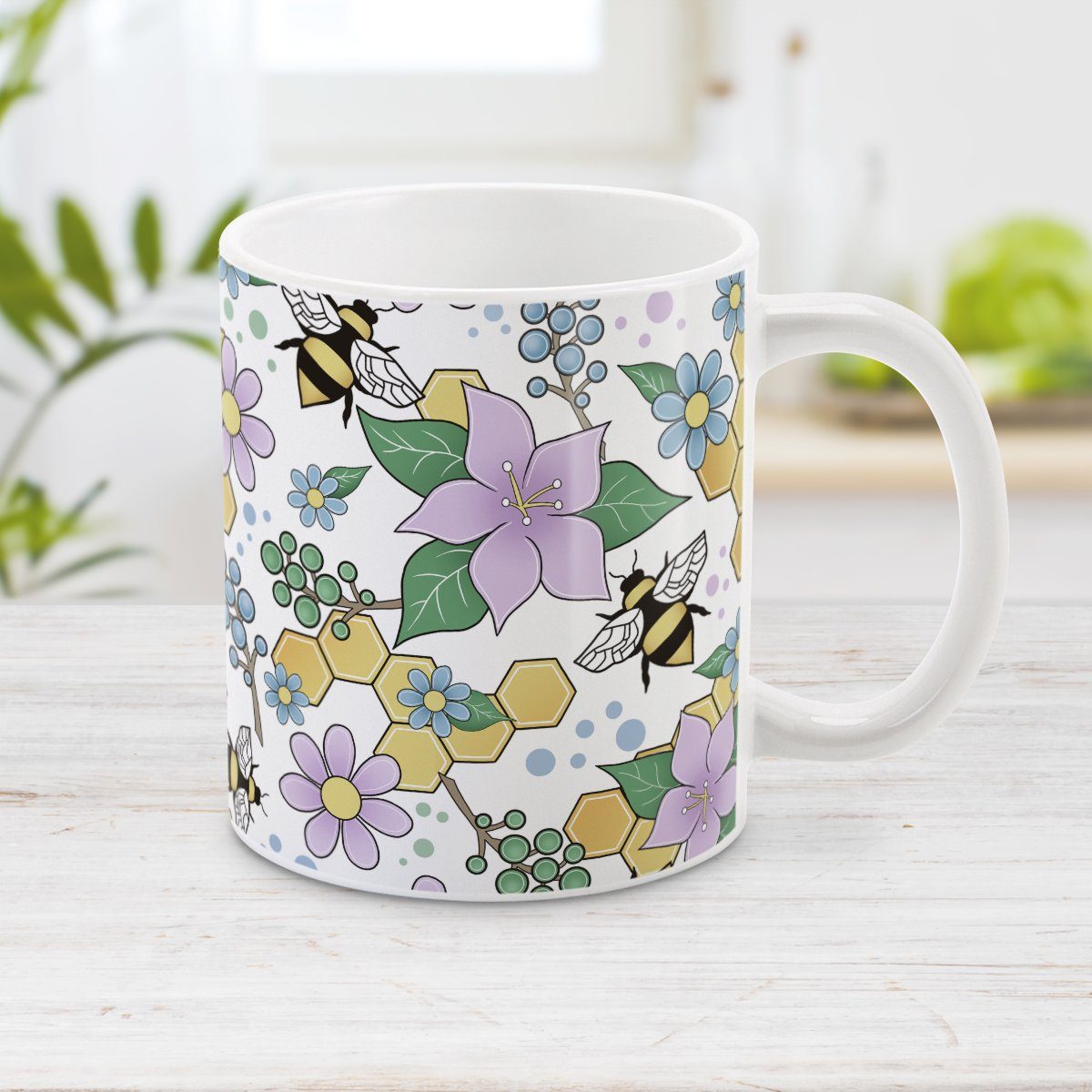 Colorful Purple Floral Bee Pattern Mug (11oz) at Amy's Coffee Mugs