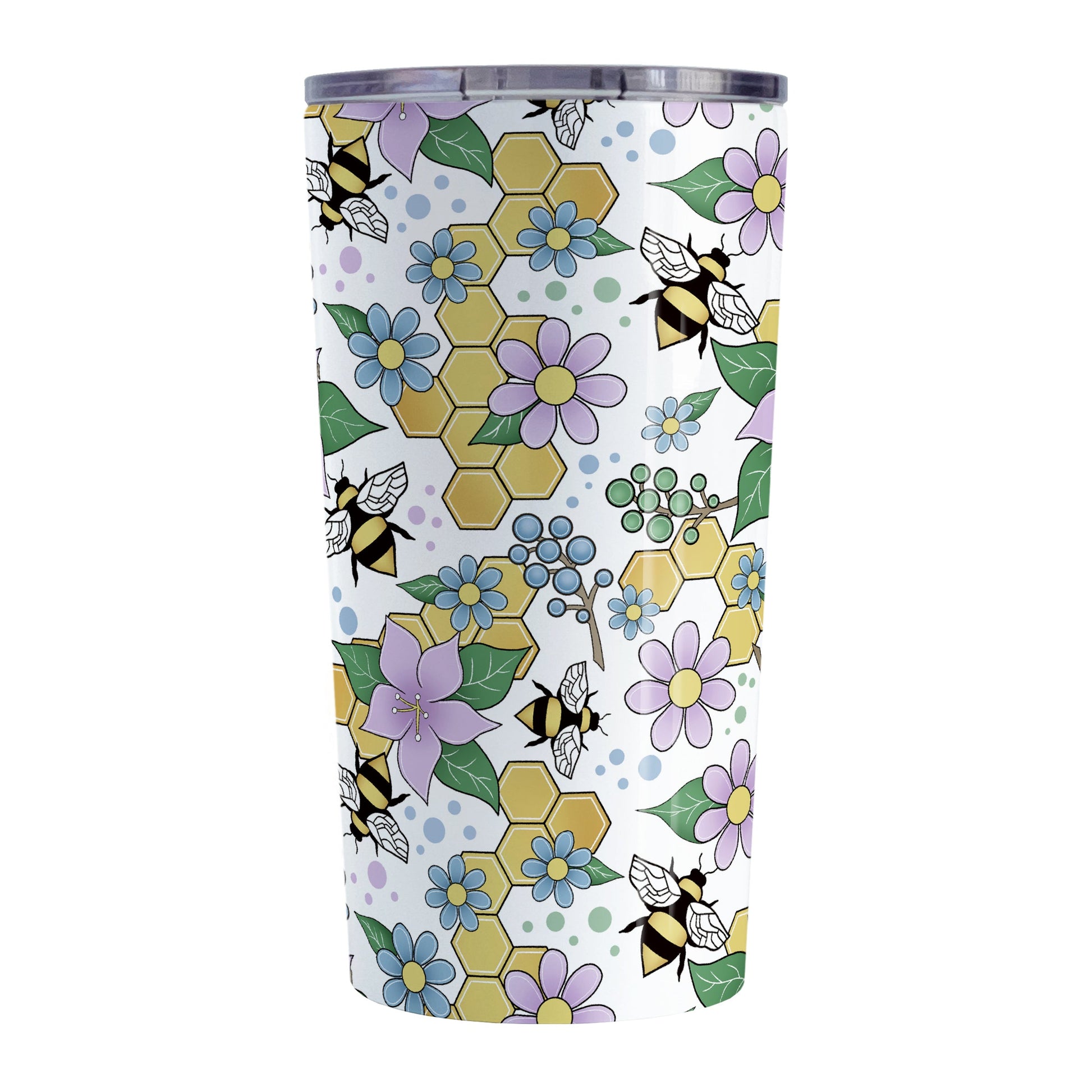 Colorful Purple Floral Bee Pattern Tumbler Cup (20oz, stainless steel insulated) at Amy's Coffee Mugs