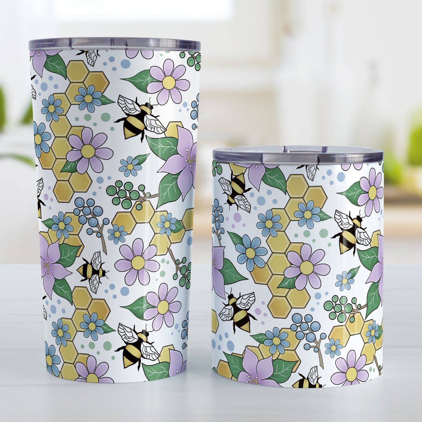 Colorful Purple Floral Bee Pattern Tumbler Cup (20oz and 10oz, stainless steel insulated) at Amy's Coffee Mugs