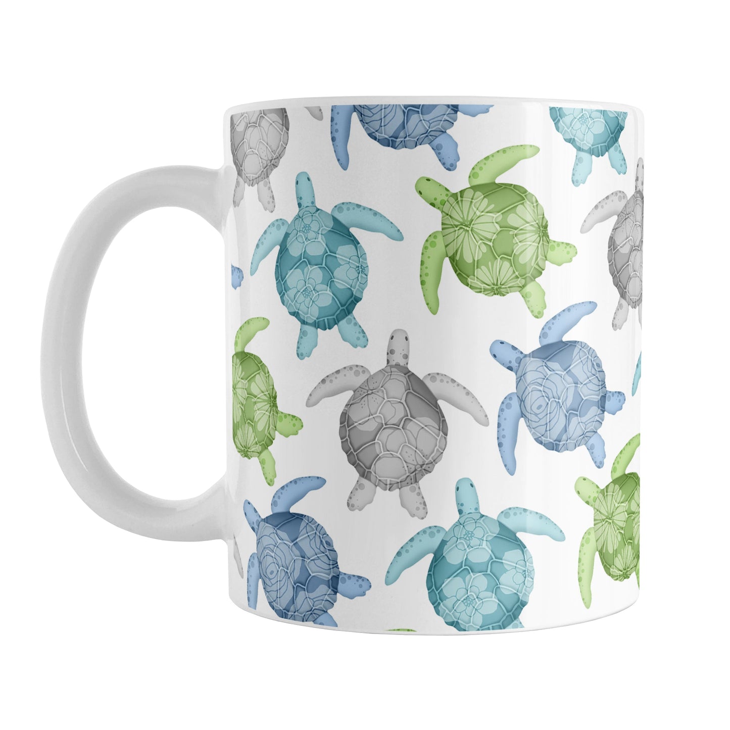 Cool Sea Turtles Pattern Mug (11oz) at Amy's Coffee Mugs. A ceramic mug with a pattern of sea turtles in a cool color palette of blue, green, turquoise and gray that wraps around the mug to the handle. Each cool colored sea turtle has a different floral watermark over its shell.