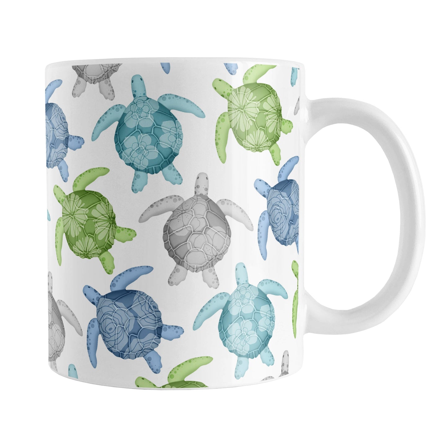 Cool Sea Turtles Pattern Mug (11oz) at Amy's Coffee Mugs. A ceramic mug with a pattern of sea turtles in a cool color palette of blue, green, turquoise and gray that wraps around the mug to the handle. Each cool colored sea turtle has a different floral watermark over its shell.