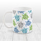 Cool Sea Turtles Pattern Mug (11oz) at Amy's Coffee Mugs. A ceramic mug with a pattern of sea turtles in a cool color palette of blue, green, turquoise and gray that wraps around the mug to the handle. Each cool colored sea turtle has a different floral watermark over its shell.