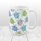 Cool Sea Turtles Pattern Mug (15oz) at Amy's Coffee Mugs. A ceramic mug with a pattern of sea turtles in a cool color palette of blue, green, turquoise and gray that wraps around the mug to the handle. Each cool colored sea turtle has a different floral watermark over its shell.