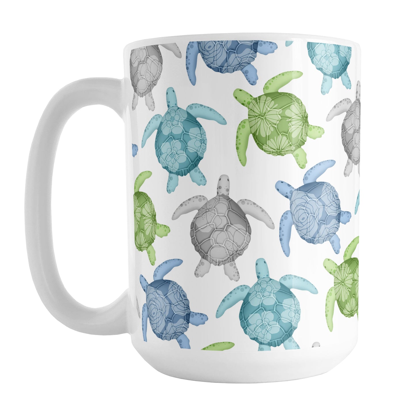 Cool Sea Turtles Pattern Mug (15oz) at Amy's Coffee Mugs. A ceramic mug with a pattern of sea turtles in a cool color palette of blue, green, turquoise and gray that wraps around the mug to the handle. Each cool colored sea turtle has a different floral watermark over its shell.
