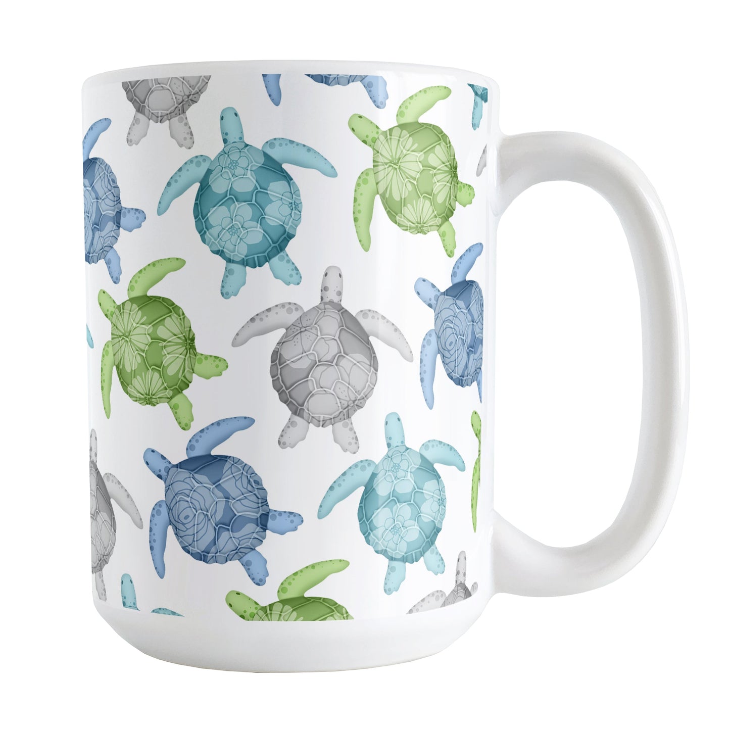 Cool Sea Turtles Pattern Mug (15oz) at Amy's Coffee Mugs. A ceramic mug with a pattern of sea turtles in a cool color palette of blue, green, turquoise and gray that wraps around the mug to the handle. Each cool colored sea turtle has a different floral watermark over its shell.