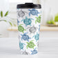 Cool Sea Turtles Pattern Travel Mug (15oz, stainless steel insulated) at Amy's Coffee Mugs. A travel mug with a pattern of sea turtles in a cool color palette of blue, green, turquoise and gray that wraps around the travel mug. Each cool colored sea turtle has a different floral watermark over its shell.