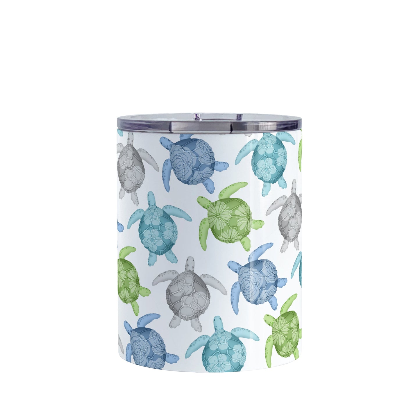 Cool Sea Turtles Pattern Tumbler Cup (10oz, stainless steel insulated) at Amy's Coffee Mugs. A tumbler cup with a pattern of sea turtles in a cool color palette of blue, green, turquoise and gray that wraps around the cup. Each cool colored sea turtle has a different floral watermark over its shell.