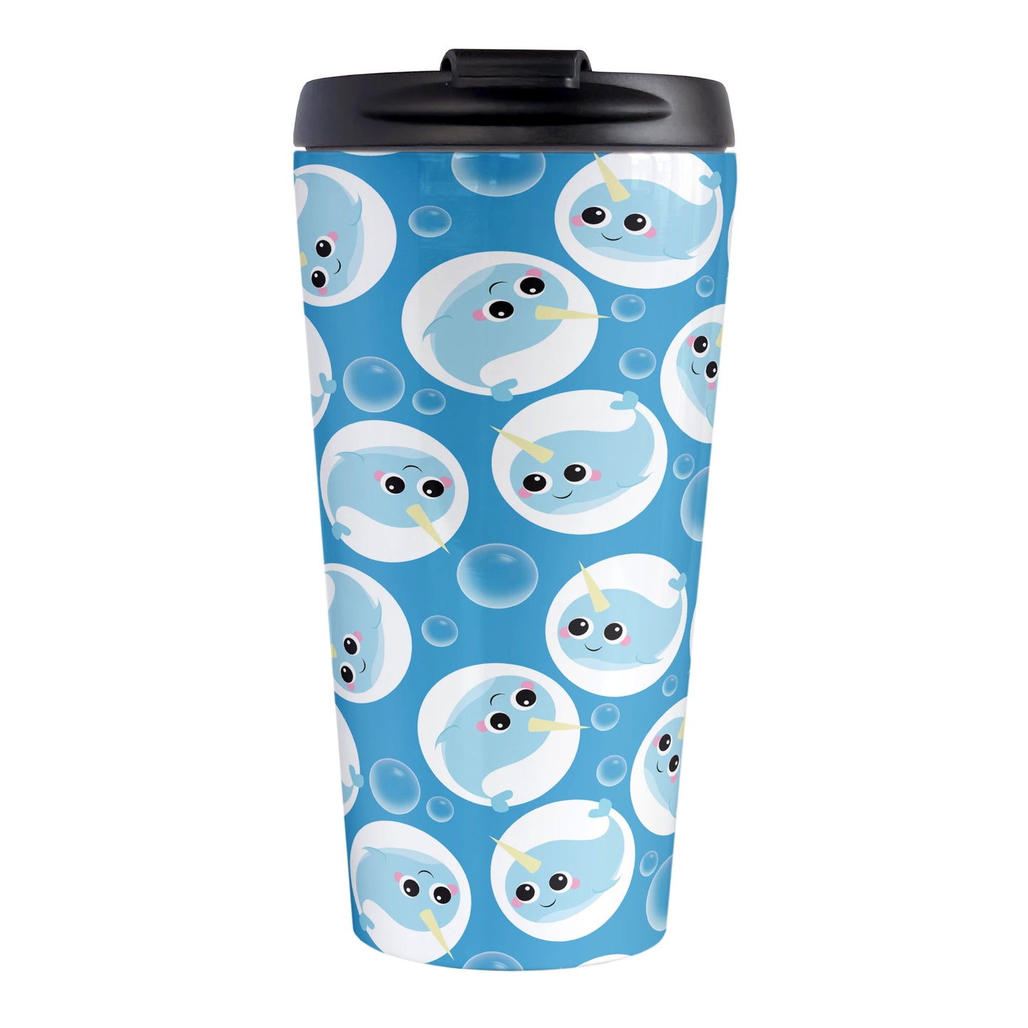 Cute Blue Narwhal Bubble Pattern Travel Mug (15oz, stainless steel insulated) at Amy's Coffee Mugs