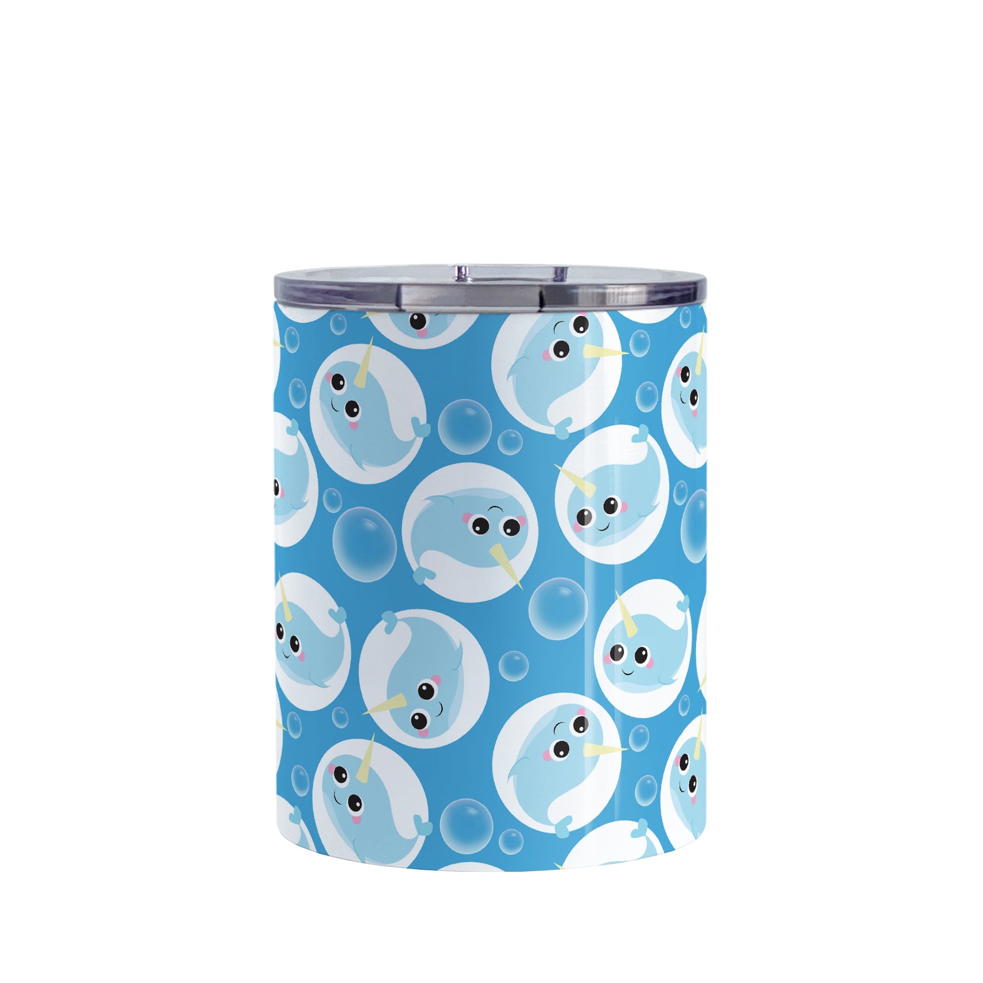 Cute Blue Narwhal Bubble Pattern Tumbler Cup (10oz, stainless steel insulated) at Amy's Coffee Mugs