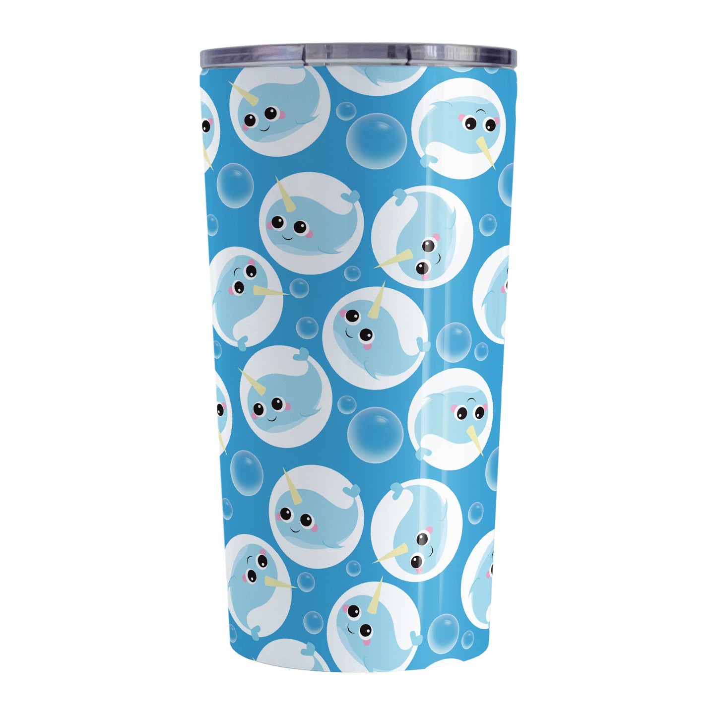 Cute Blue Narwhal Bubble Pattern Tumbler Cup (20oz, stainless steel insulated) at Amy's Coffee Mugs