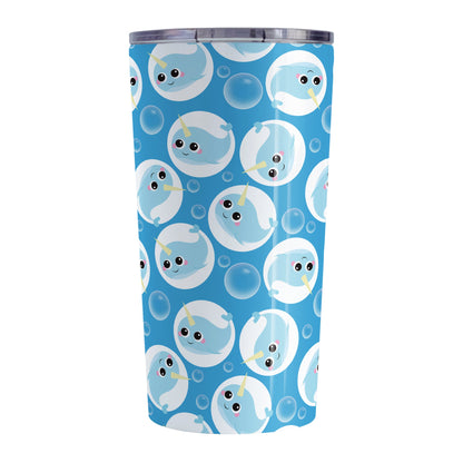 Cute Blue Narwhal Bubble Pattern Tumbler Cup (20oz, stainless steel insulated) at Amy's Coffee Mugs. A tumbler cup designed with cute light blue narwhals in white circles and with bubbles scattered over a blue background color in a pattern that wraps around the cup.