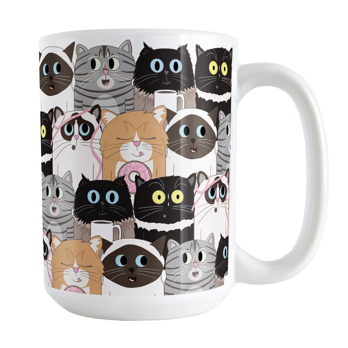 Cute Cat Stack Pattern Mug (15oz) at Amy's Coffee Mugs. Cute cats mug with an illustrated pattern of different breeds of cats with different fun expressions, with yarn, coffee, and donuts. This stacked pattern of cats wraps around the ceramic mug to the handle.