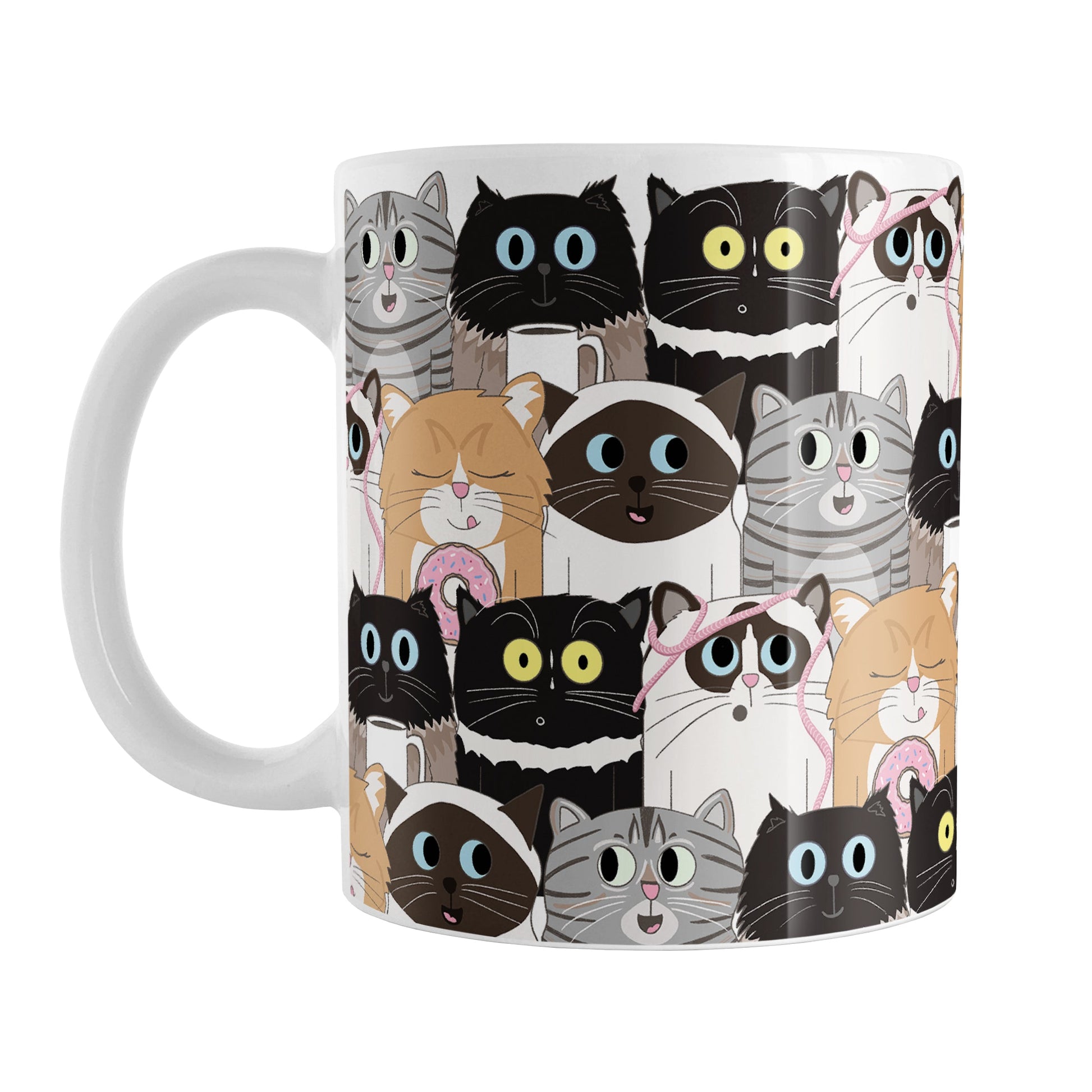 Cute Cat Stack Pattern Mug (11oz) at Amy's Coffee Mugs. Cute cats mug with an illustrated pattern of different breeds of cats with different fun expressions, with yarn, coffee, and donuts. This stacked pattern of cats wraps around the ceramic mug to the handle.