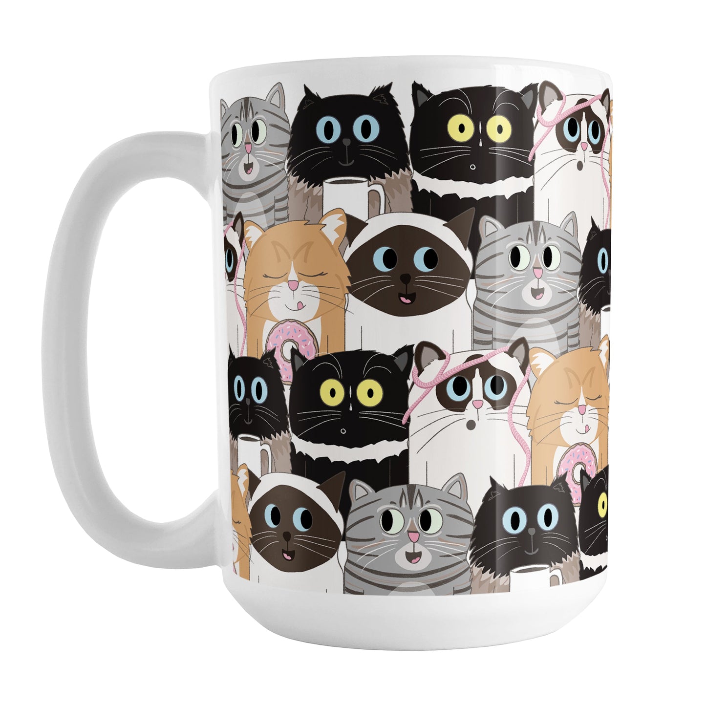 Cute Cat Stack Pattern Mug (15oz) at Amy's Coffee Mugs. Cute cats mug with an illustrated pattern of different breeds of cats with different fun expressions, with yarn, coffee, and donuts. This stacked pattern of cats wraps around the ceramic mug to the handle.