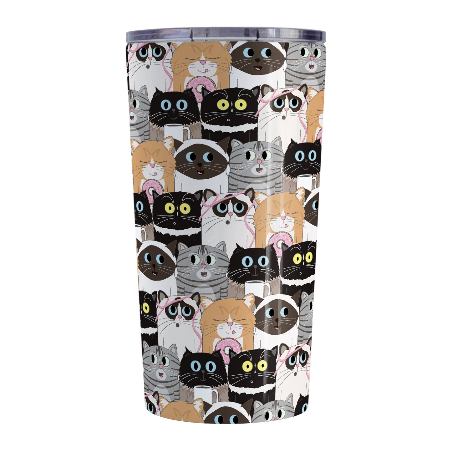 Cute Cat Stack Pattern Tumbler Cup (20oz, stainless steel insulated) at Amy's Coffee Mugs. Cute cats tumbler cup with an illustrated pattern of different breeds of cats with different fun expressions, with yarn, coffee, and donuts. This stacked pattern of cats wraps around the cup.