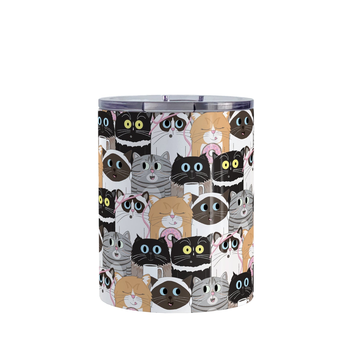 Cute Cat Stack Pattern Tumbler Cup (10oz, stainless steel insulated) at Amy's Coffee Mugs. Cute cats tumbler cup with an illustrated pattern of different breeds of cats with different fun expressions, with yarn, coffee, and donuts. This stacked pattern of cats wraps around the cup.