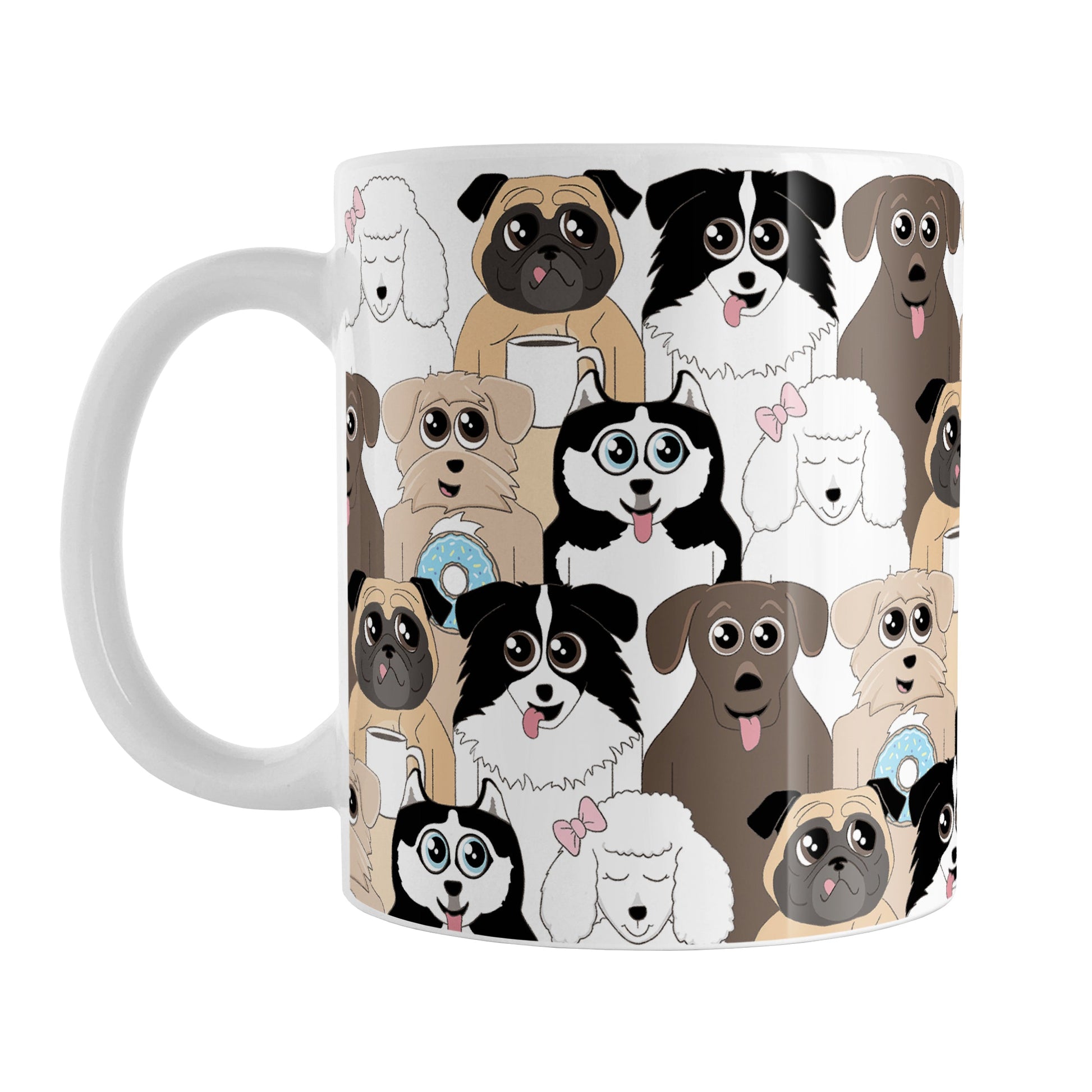 Cute Dog Stack Pattern Mug (11oz) at Amy's Coffee Mugs. Cute dogs mug with an illustrated pattern of different breeds of dogs with different fun expressions, with coffee and and donuts. This stacked pattern of dogs wraps around the ceramic mug to the handle.